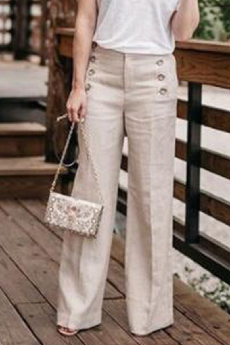 Casual Solid Buckle Straight High Waist Wide Leg Bottoms(5 Colors)