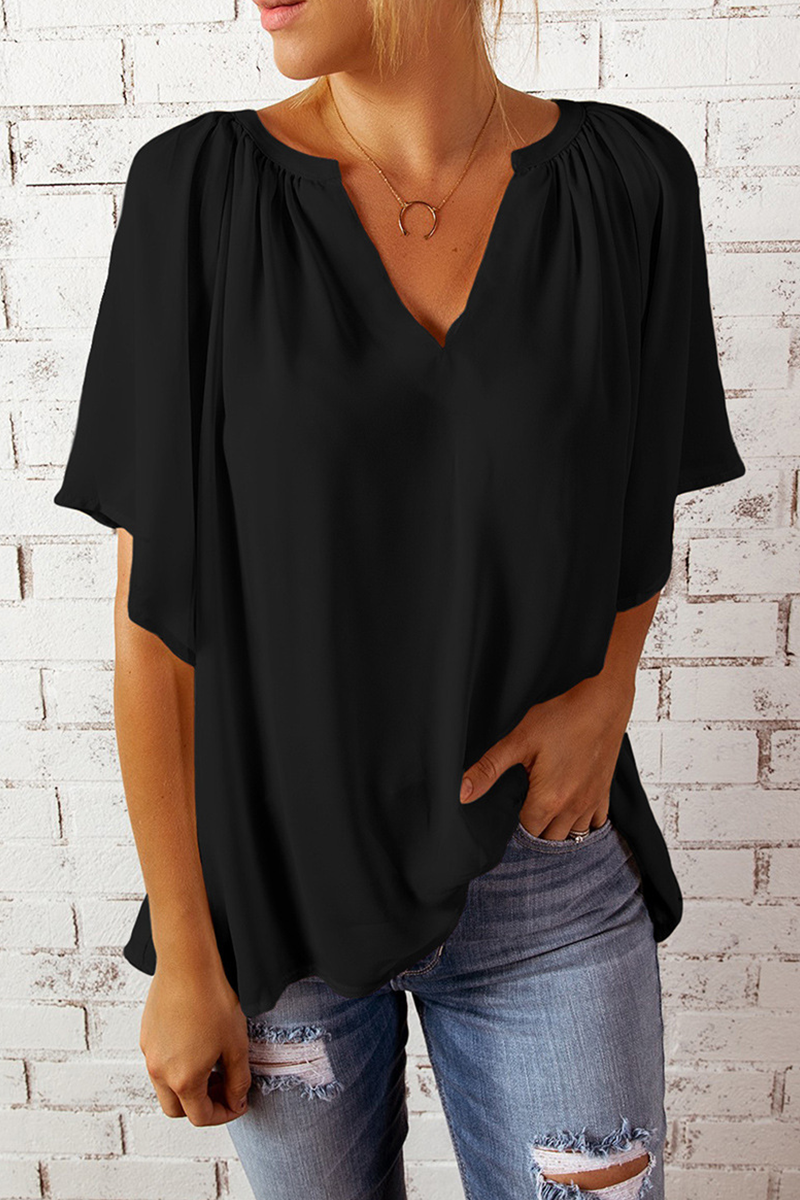 Casual Solid Split Joint V Neck T-Shirts(6 colors）