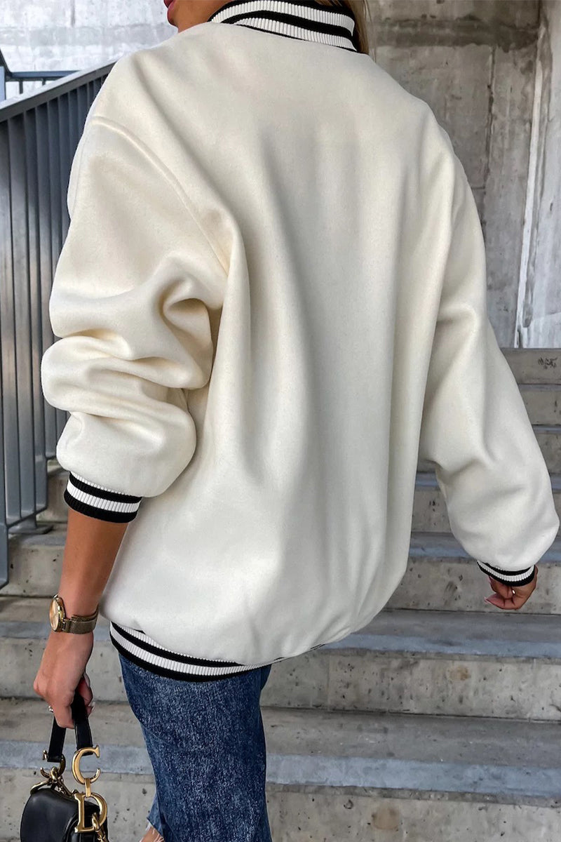 Casual Street Color Block Buckle Contrast O Neck Outerwear