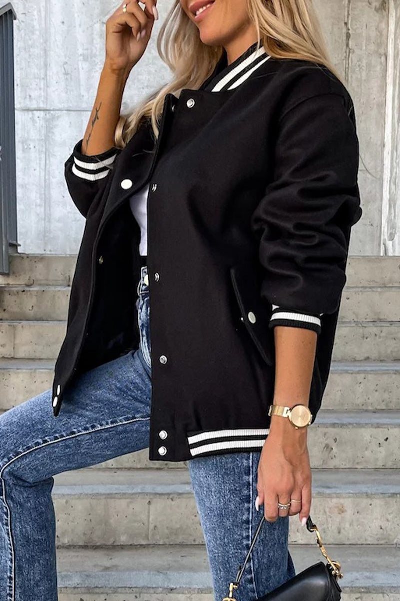 Casual Street Color Block Buckle Contrast O Neck Outerwear