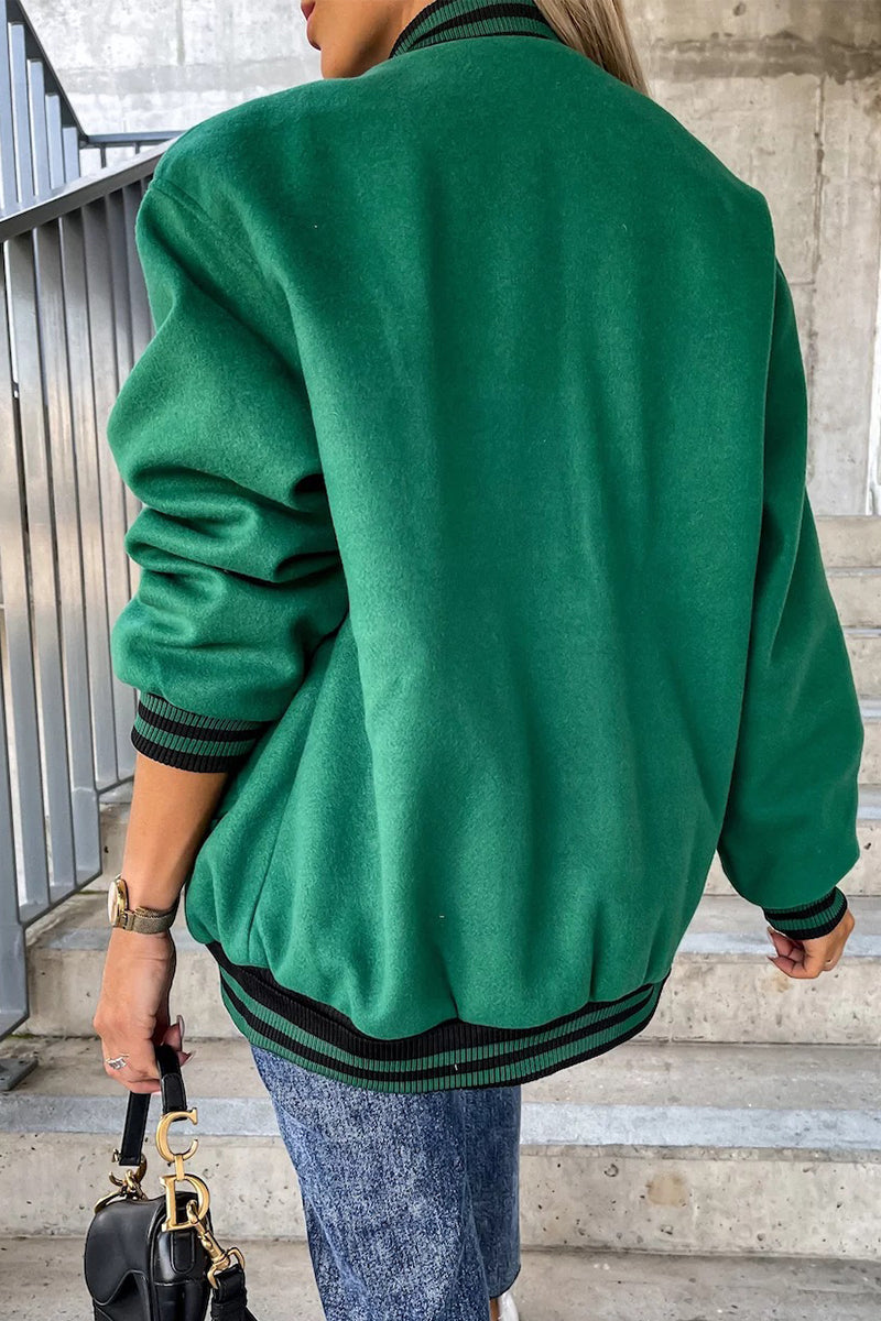 Casual Street Color Block Buckle Contrast O Neck Outerwear