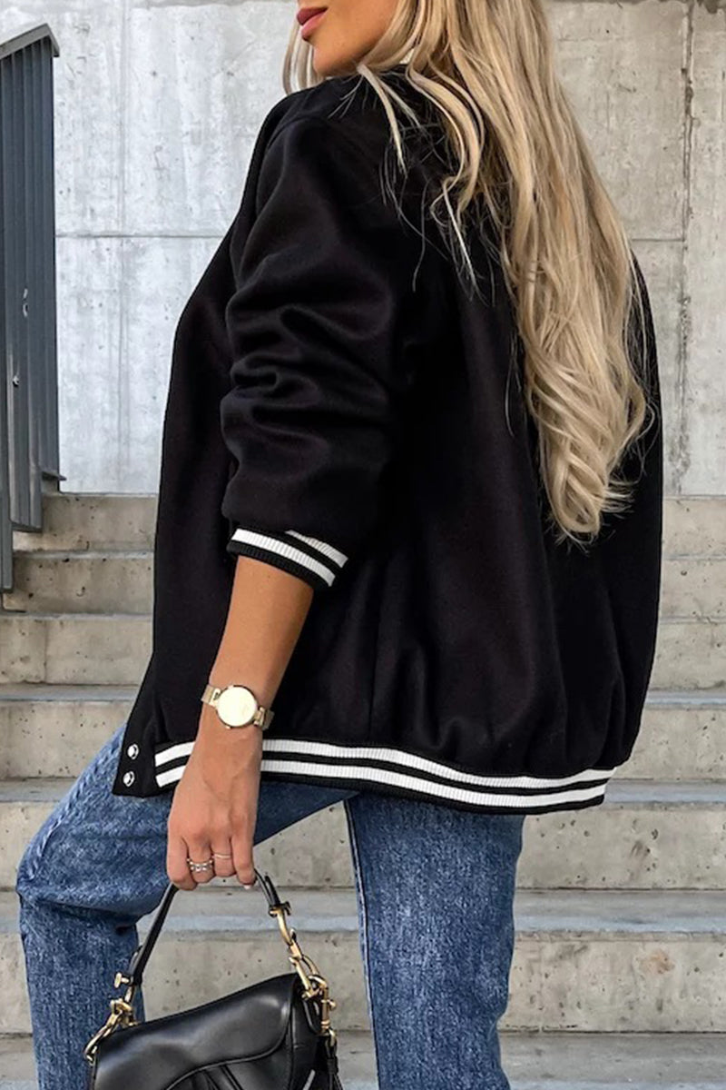 Casual Street Color Block Buckle Contrast O Neck Outerwear