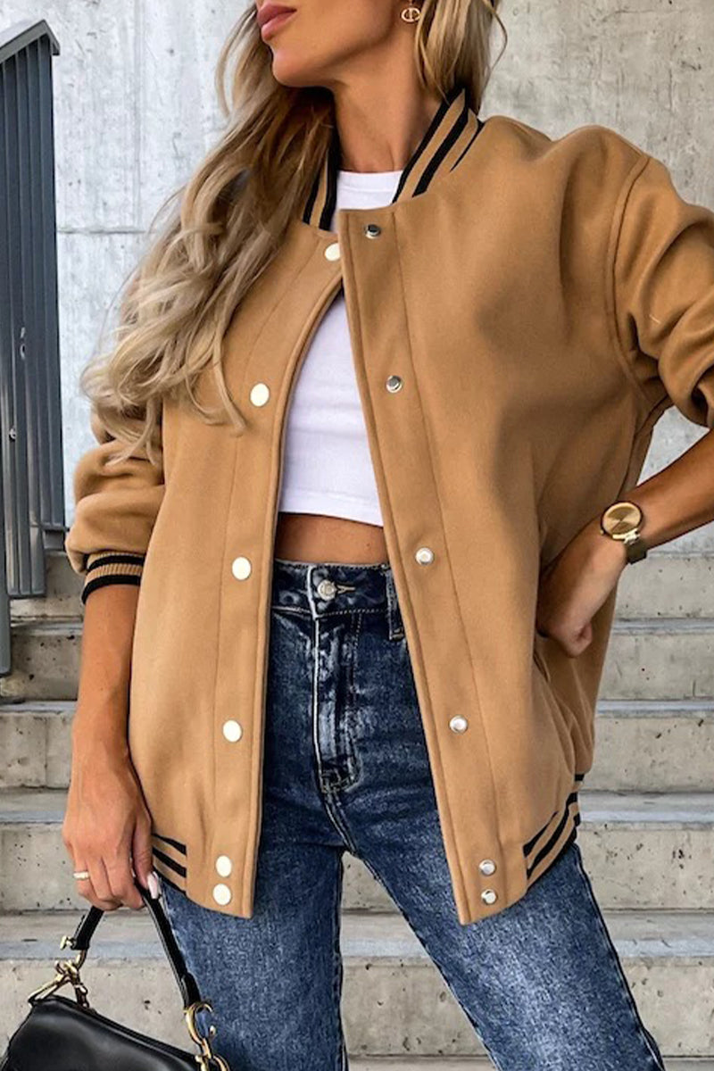 Casual Street Color Block Buckle Contrast O Neck Outerwear