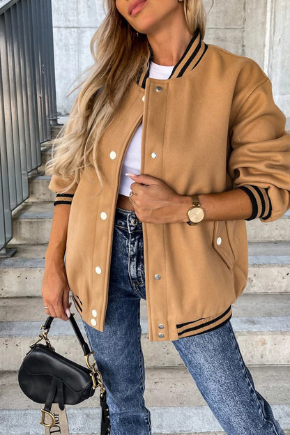 Casual Street Color Block Buckle Contrast O Neck Outerwear