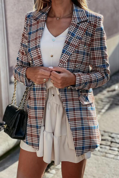 Work Elegant Plaid Print Patchwork Turn-back Collar Outerwear(4 Colors)