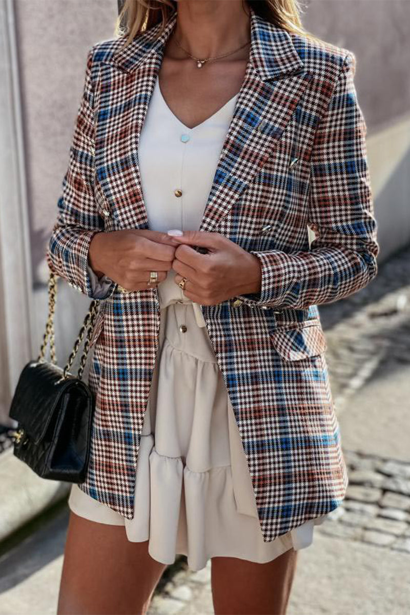 Work Elegant Plaid Print Patchwork Turn-back Collar Outerwear(4 Colors)