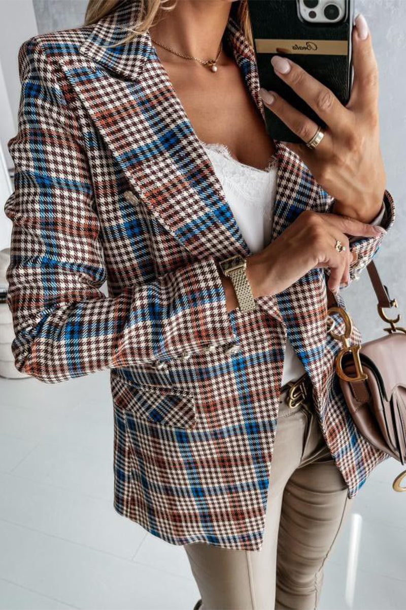 Work Elegant Plaid Print Patchwork Turn-back Collar Outerwear(4 Colors)