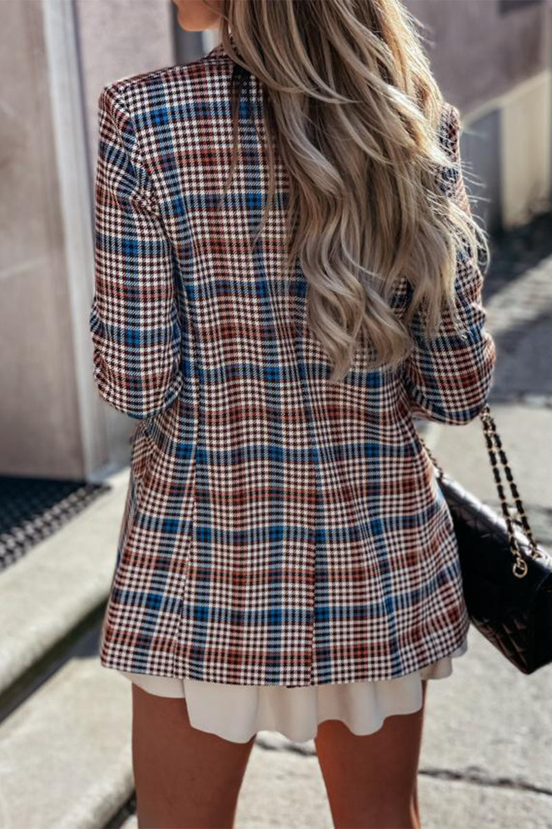 Work Elegant Plaid Print Patchwork Turn-back Collar Outerwear(4 Colors)