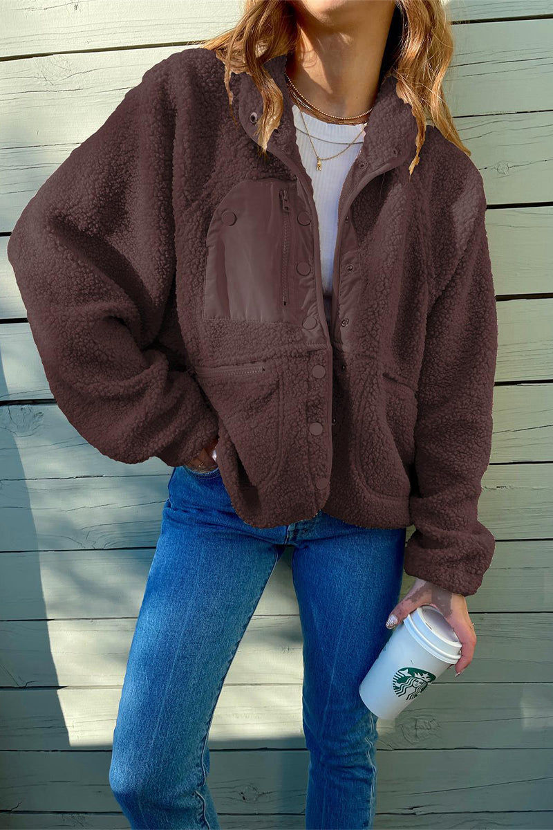 Casual Solid Patchwork Pocket Mandarin Collar Outerwear(6 Colors)