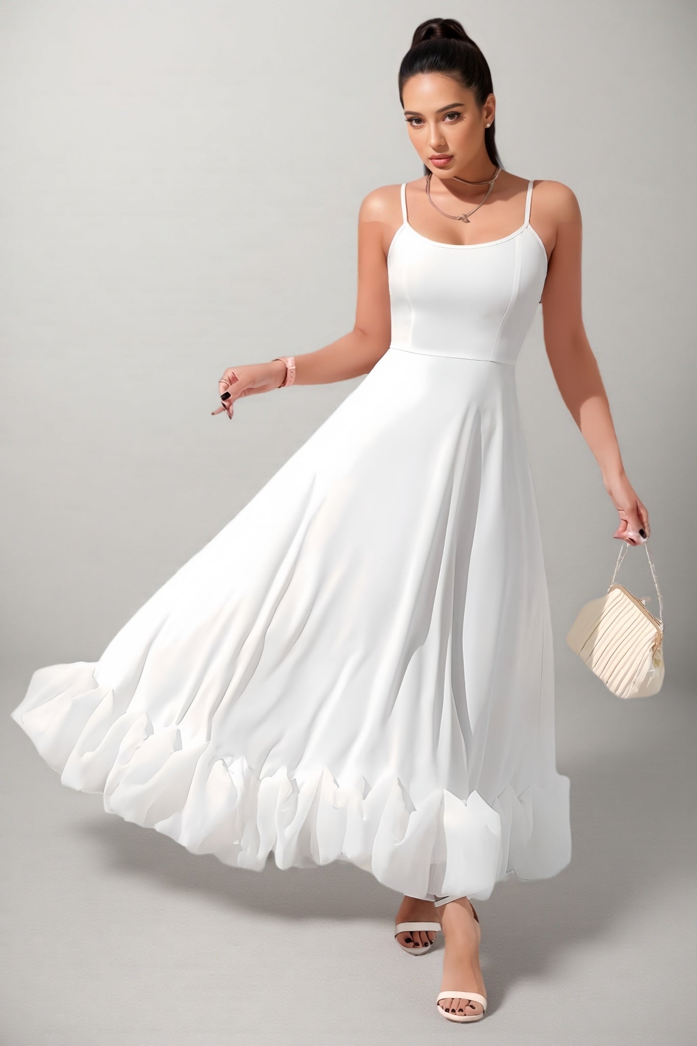 Avira U-Neck Large Hemline Maxi Dress-White