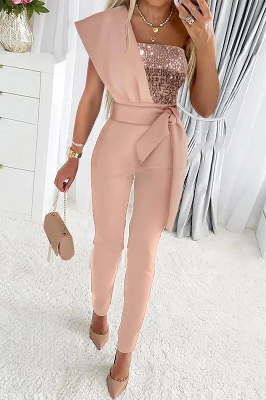 Sweet Elegant Patchwork Sequins Asymmetrical Collar Regular Jumpsuits