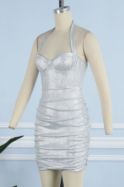 Sexy Solid Fold Sequined Asymmetrical Halter Wrapped Skirt Dresses