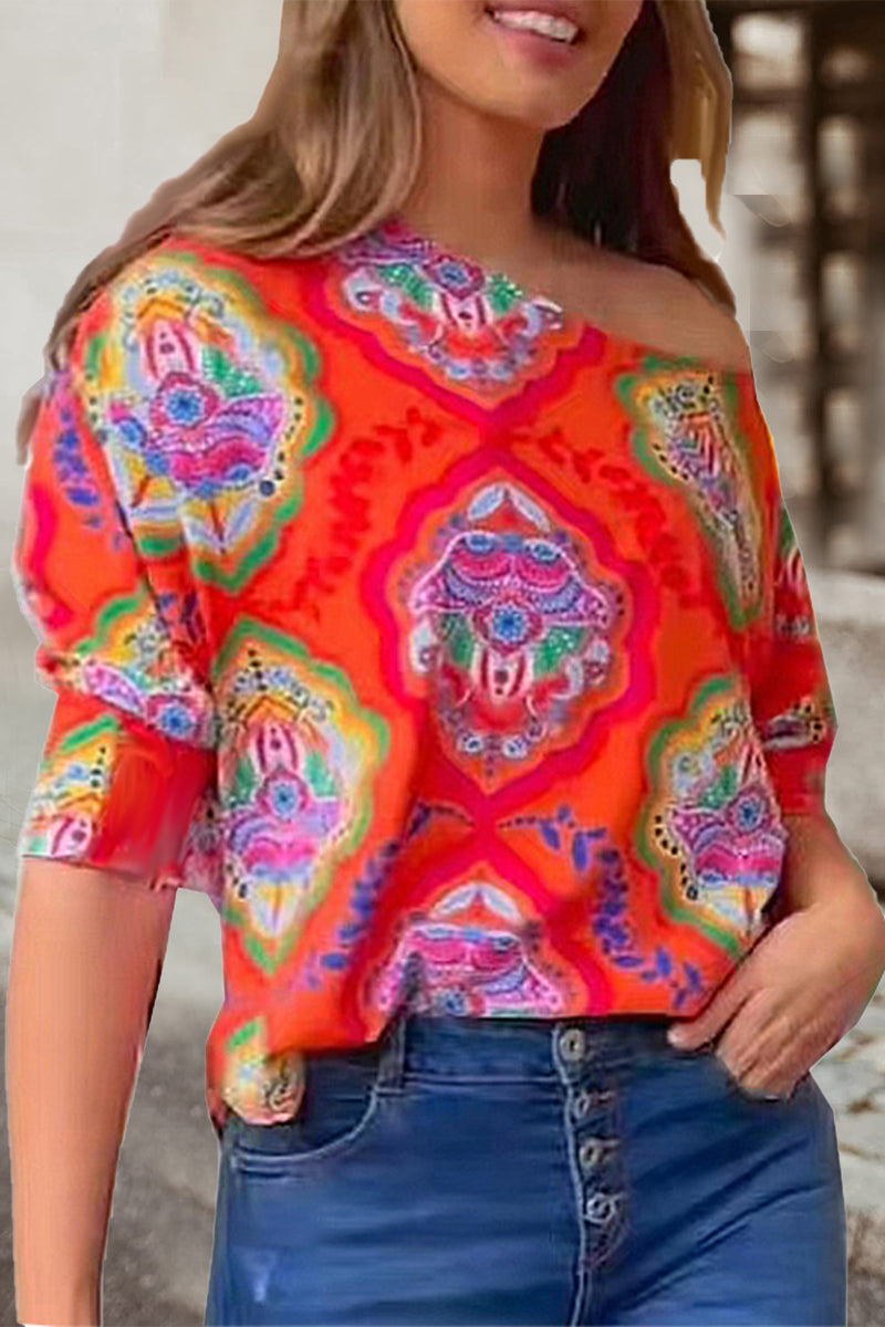Work Elegant Print Patchwork Oblique Collar T-Shirts(7 Colors)