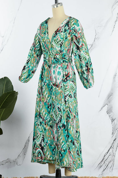 Sexy Vacation Geometric Patchwork With Belt V Neck Printed Dress Dresses(4 Colors)