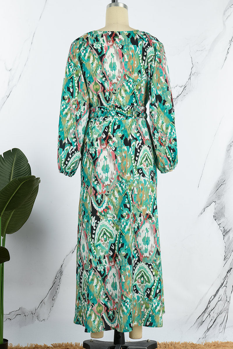 Sexy Vacation Geometric Patchwork With Belt V Neck Printed Dress Dresses(4 Colors)