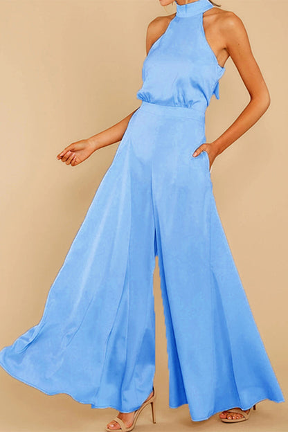 Fashion Casual Solid Patchwork Halter Loose Jumpsuits