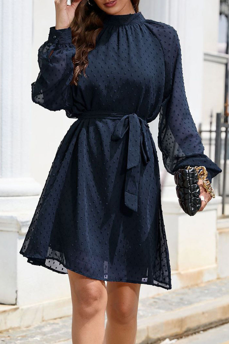 Elegant Solid Frenulum Turtleneck A Line Dresses