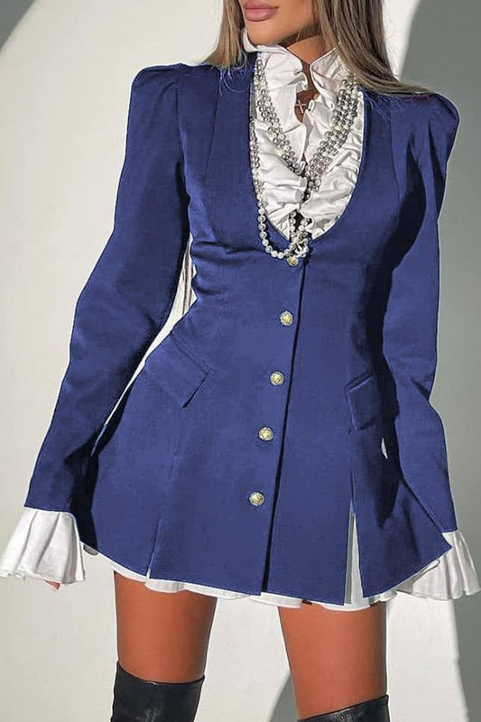 Elegant Solid Patchwork Asymmetrical Collar A Line Dresses