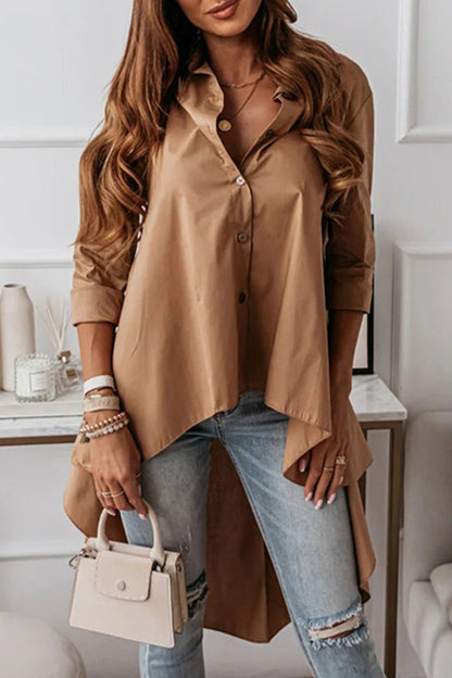 Casual Solid Buttons Asymmetrical Turndown Collar Tops(3 Colors)