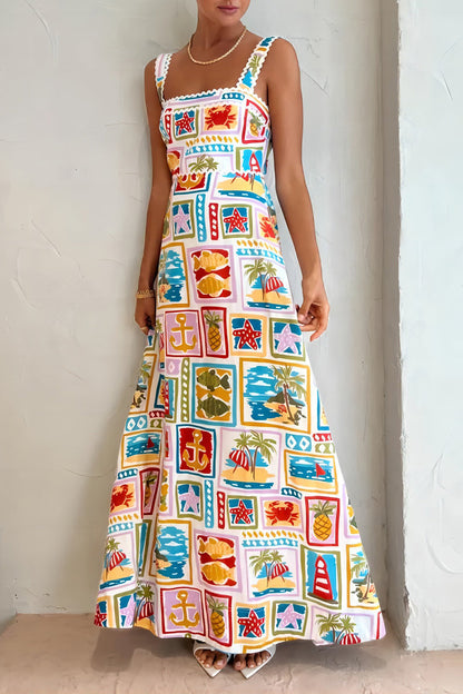 Sexy Vacation Print Contrast Square Collar Printed Dress Dresses