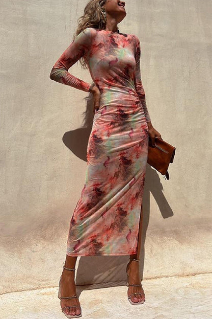 Casual Vintage Gradual Change Print See-through O Neck Long Sleeve Dresses(3 Colors)