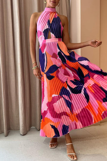 Sexy Vacation Gradual Change Print Fold Contrast Halter Sleeveless Dress Dresses