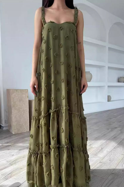 Elegant Solid Flowers Square Collar Sling Dresses