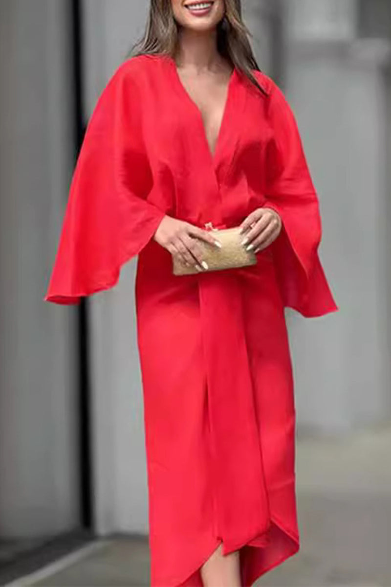 Elegant Solid Fold V Neck A Line Dresses