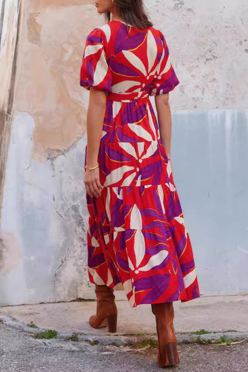 College Floral Bandage Slit V Neck A Line Dresses