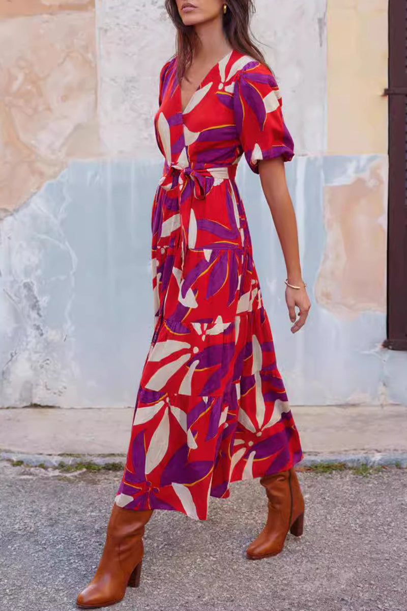 College Floral Bandage Slit V Neck A Line Dresses