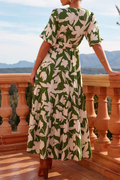 College Floral Bandage Slit V Neck A Line Dresses