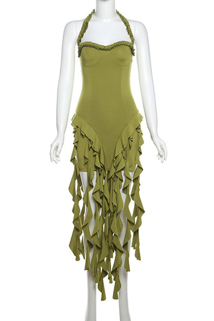Sexy Solid Color Backless Ruffle Irregular Hem Halter Irregular Dresses(3 Colors)