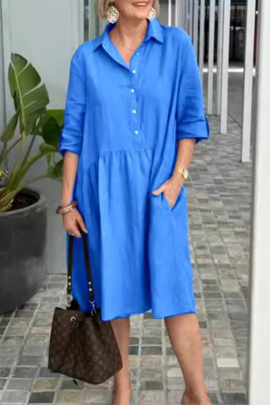 Casual Street Solid Color Pocket Buckle Turndown Collar A Line Dresses