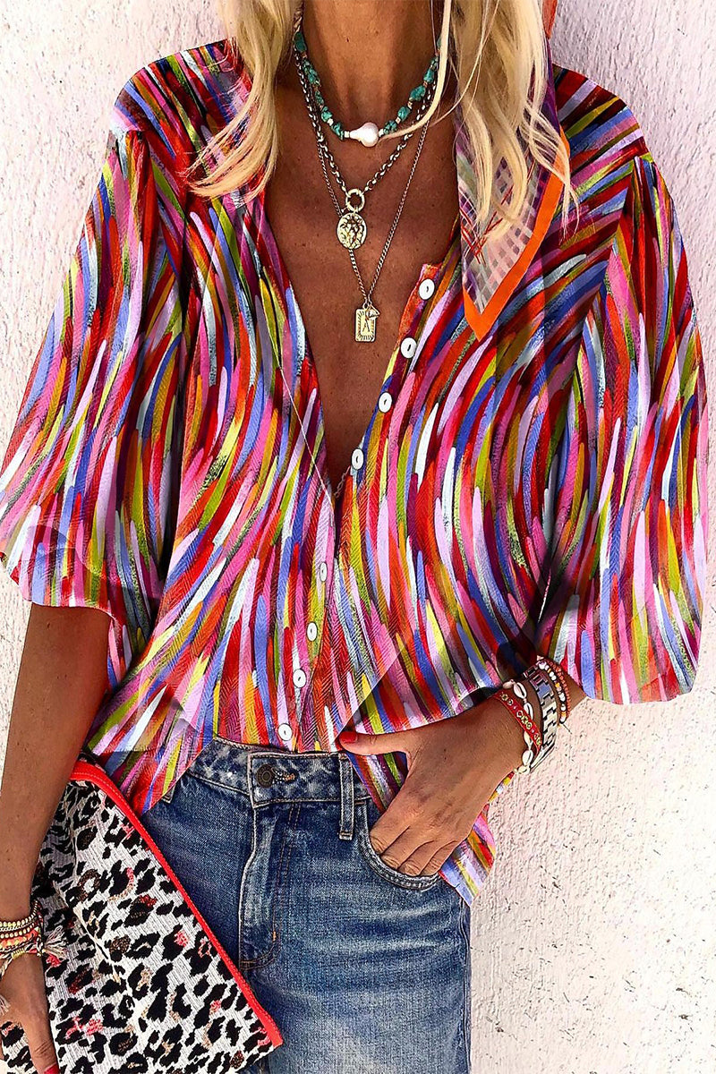Casual Daily Striped Print Buttons Contrast V Neck Tops