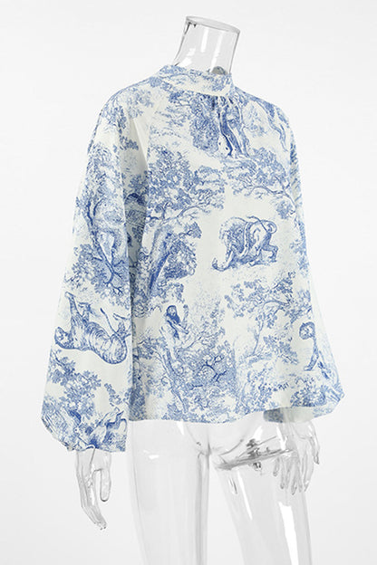 Street Daily Landscape printing Lace Up Mandarin Collar Blouses