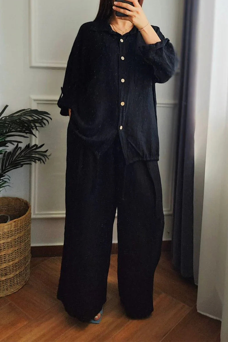 Casual Draw String Buttons Turndown Collar Long Sleeve Two Pieces(6 Colors)