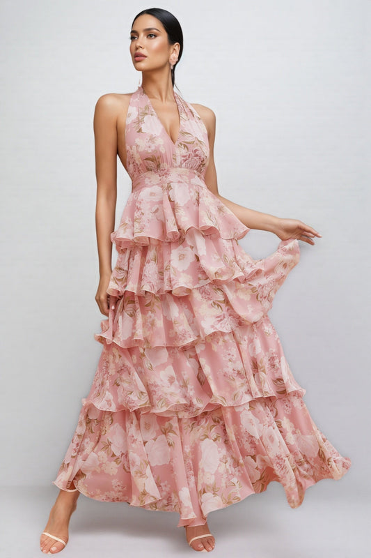 Isoldt Pink Open Back Tiered Maxi Dress