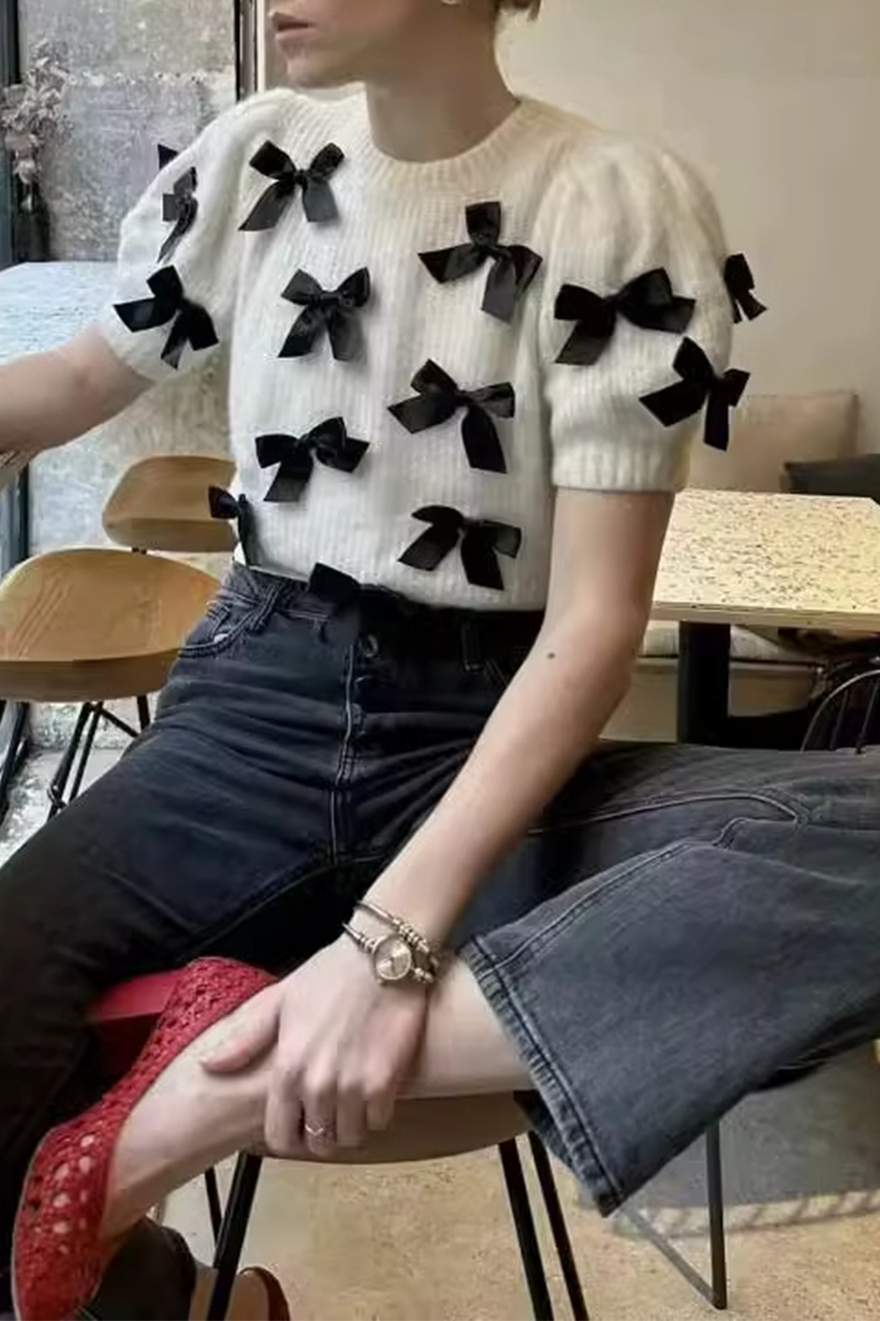 Casual Bow Patchwork Contrast O Neck Sweaters