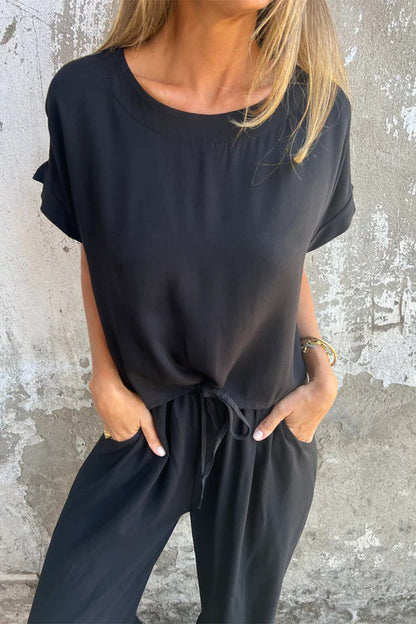 Casual Solid Color Pocket Lace Up Flounce O Neck Short Sleeve Two Pieces