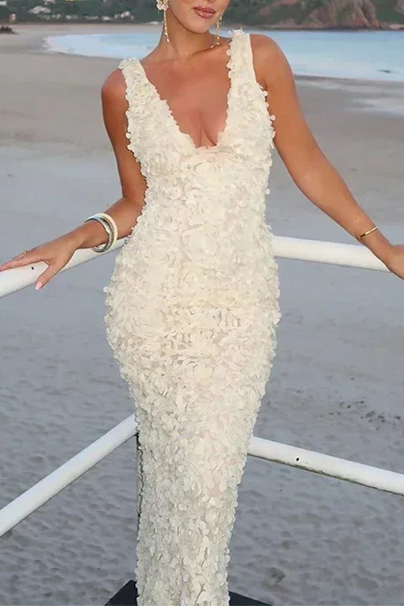 Sexy Solid Color Flower Shape V Neck One Step Skirt Dresses