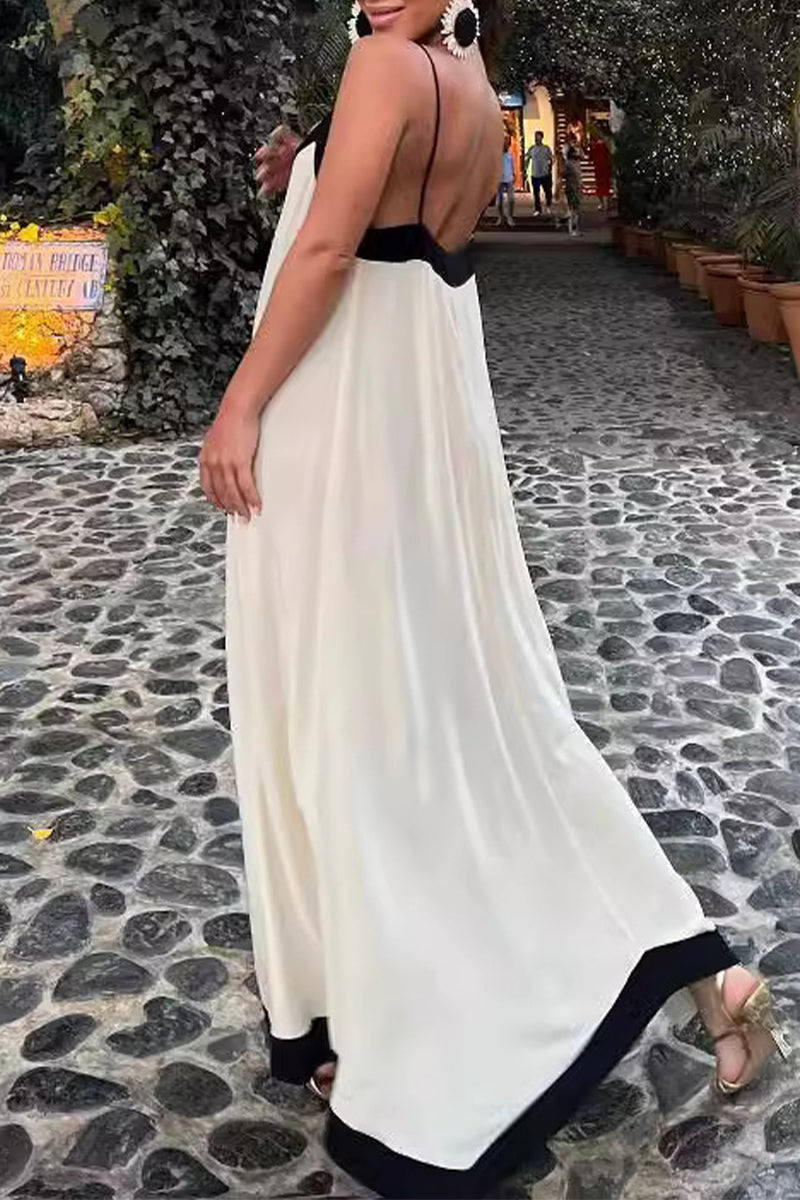 Casual Stripe Patchwork Contrast V Neck Sling Dresses