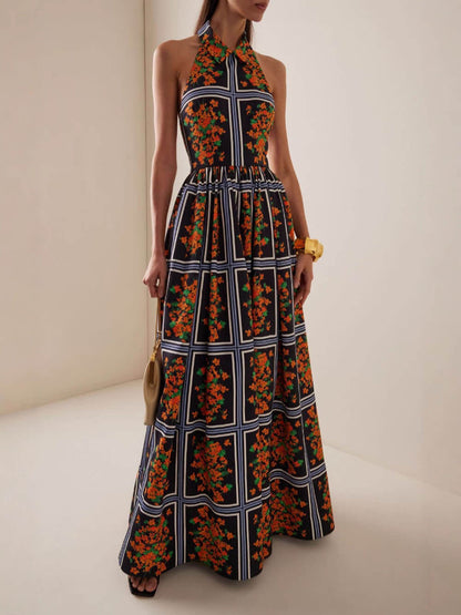 Exquisite Sexy Backless Unique Floral Print Suspender Maxi Dress