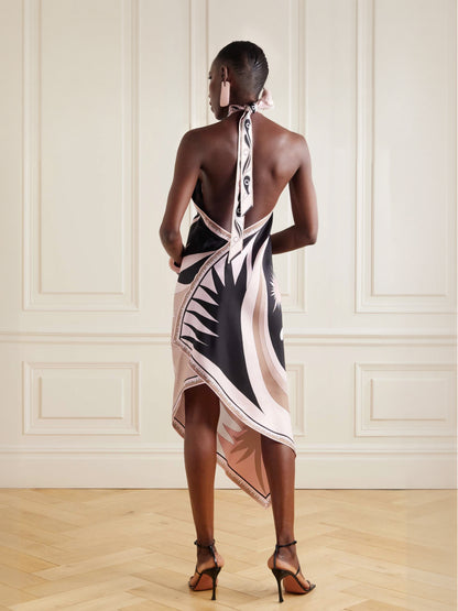 Open Back Abstract Print Midi Dress