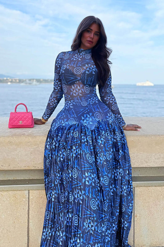 Unique Mesh Ruched Panel Print Stretch Maxi Dress