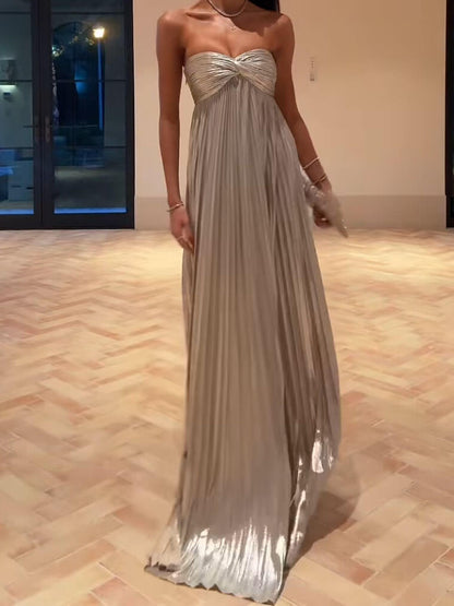 Metallic Pleated Off-The-Shoulder Maxi Dress