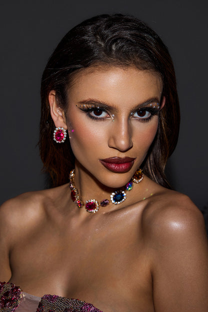 Faux Diamond Stud Earrings & Colorful Nacklace Set