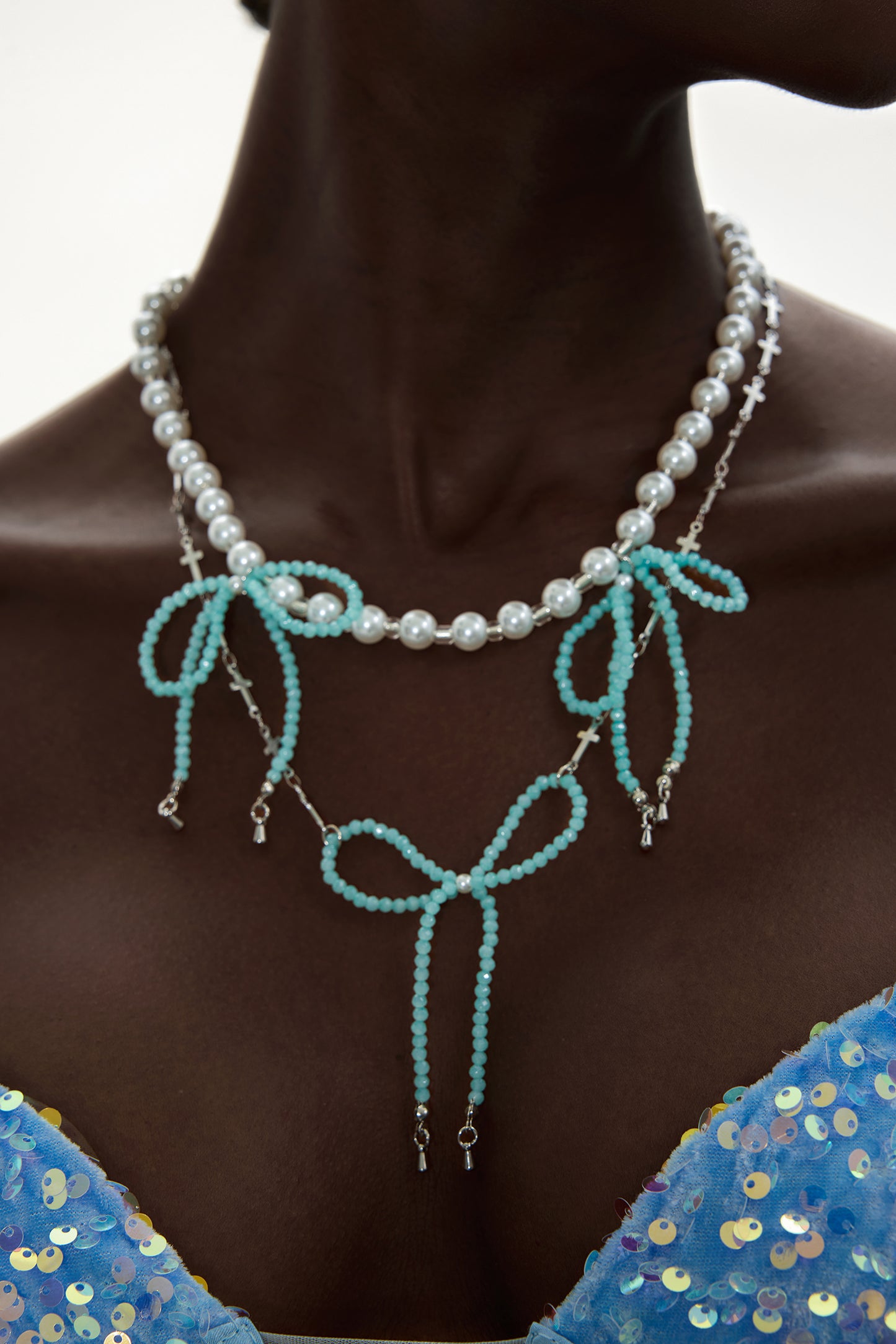 Beaded Bow Faux Pearl Two-Layered Necklace