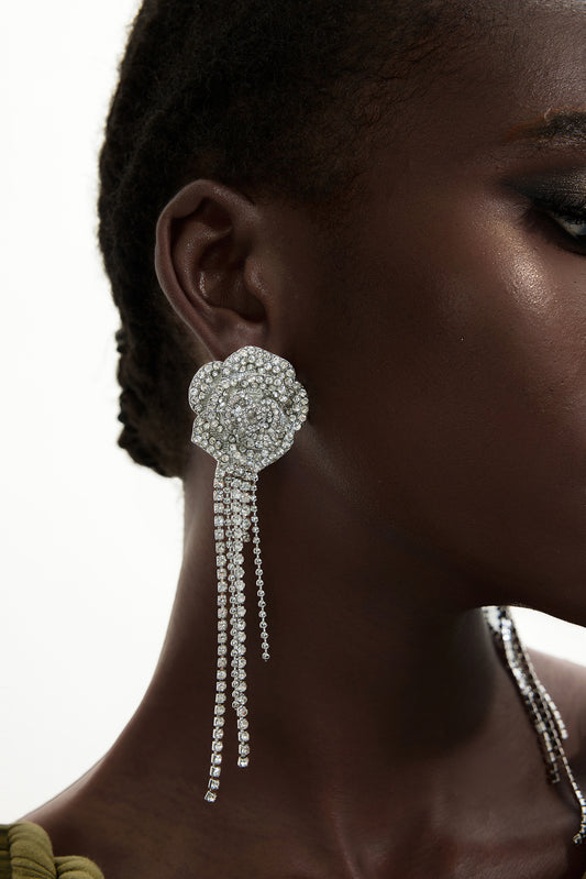 Flower Shape Rhinestone Tassel Earrings