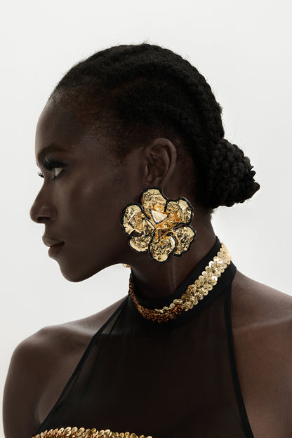 FlowerShape Linear Trim Metal Earrings