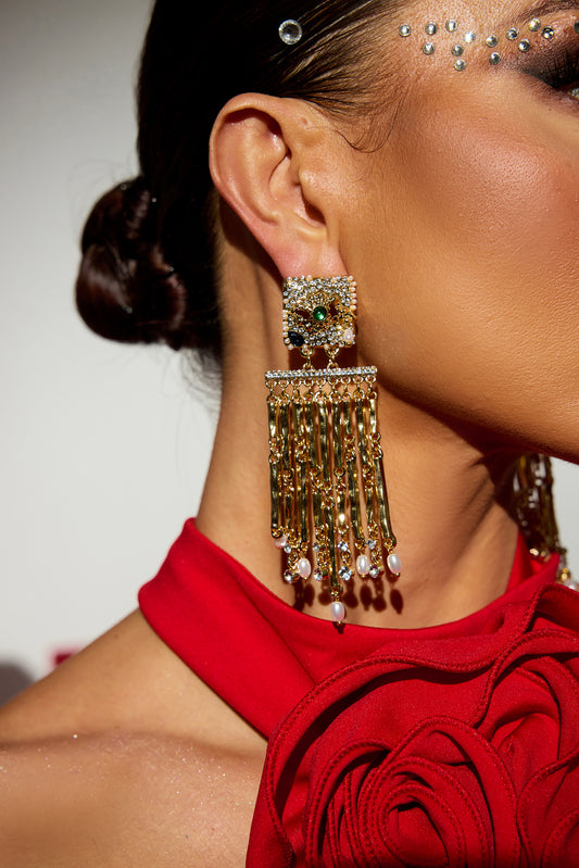 Rhinestone Faux Pearl Tassel Earrings